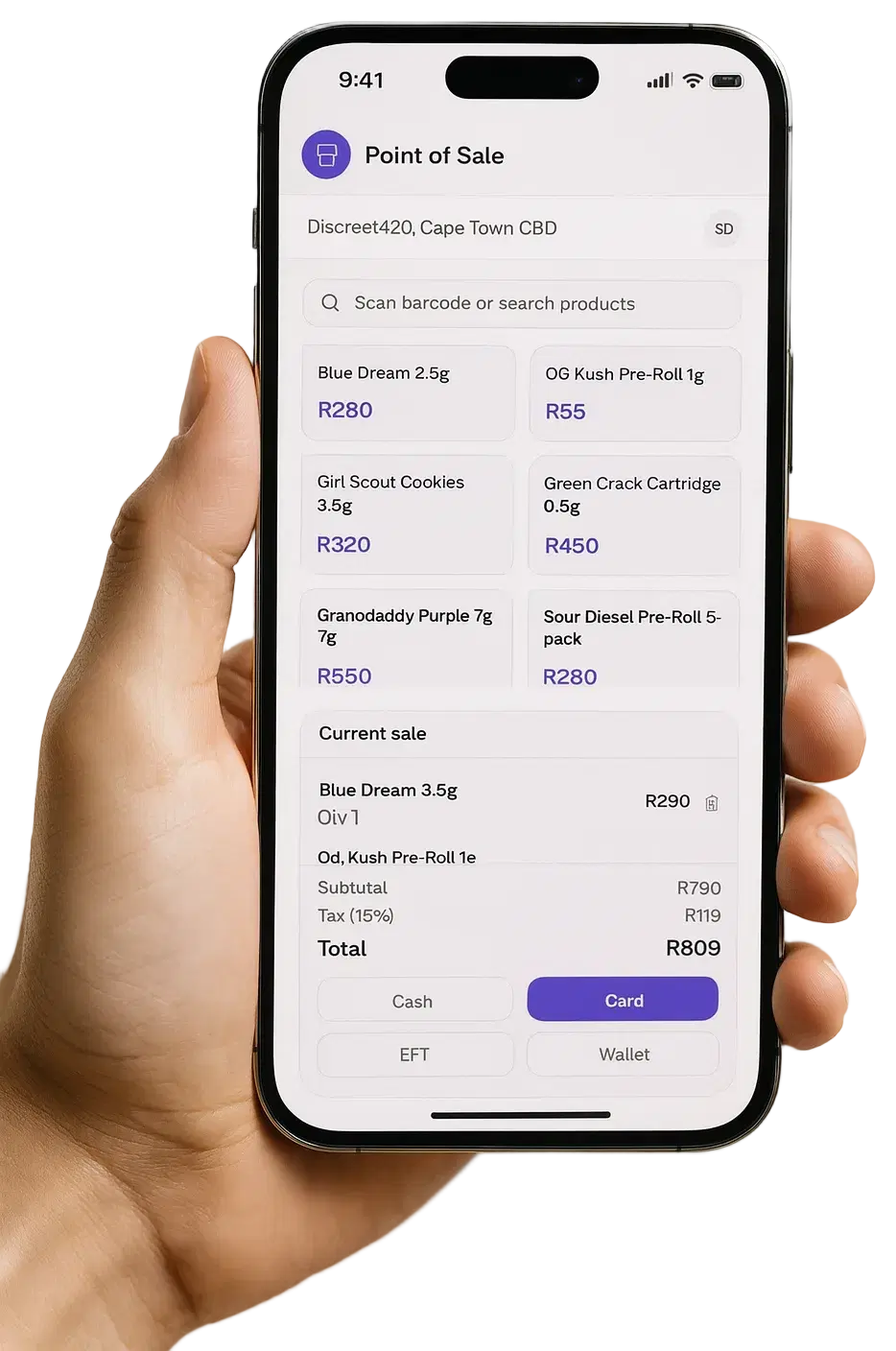 LeafLedger point-of-sale checkout screen, shown on a smartphone